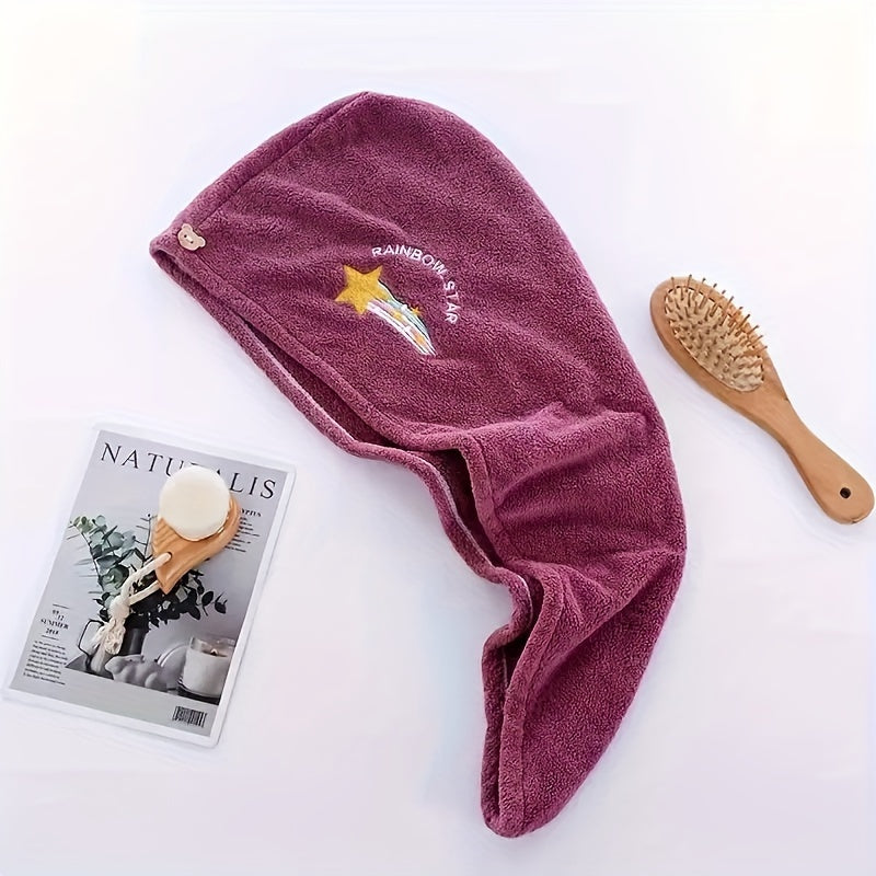 Quick-dry hair drying cap made of soft polyester with a cartoon design, highly absorbent.