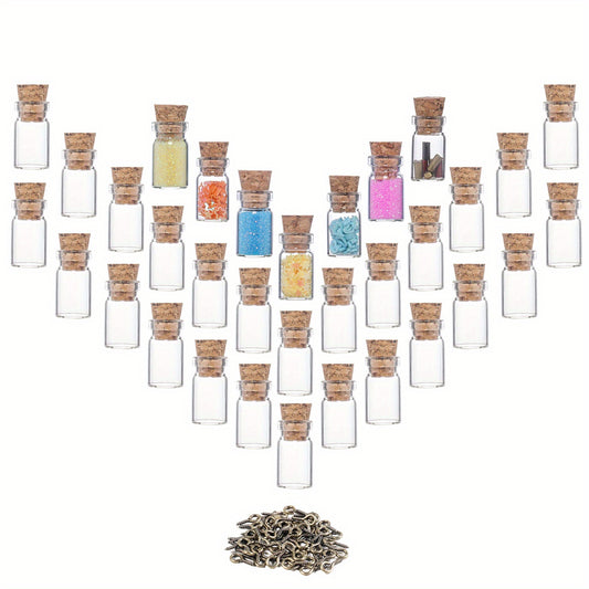 50 Mini Glass Jars 0.5ml for Nail Art Glitter & Spices, with Corks & Eye Screws, Reusable & High-Quality