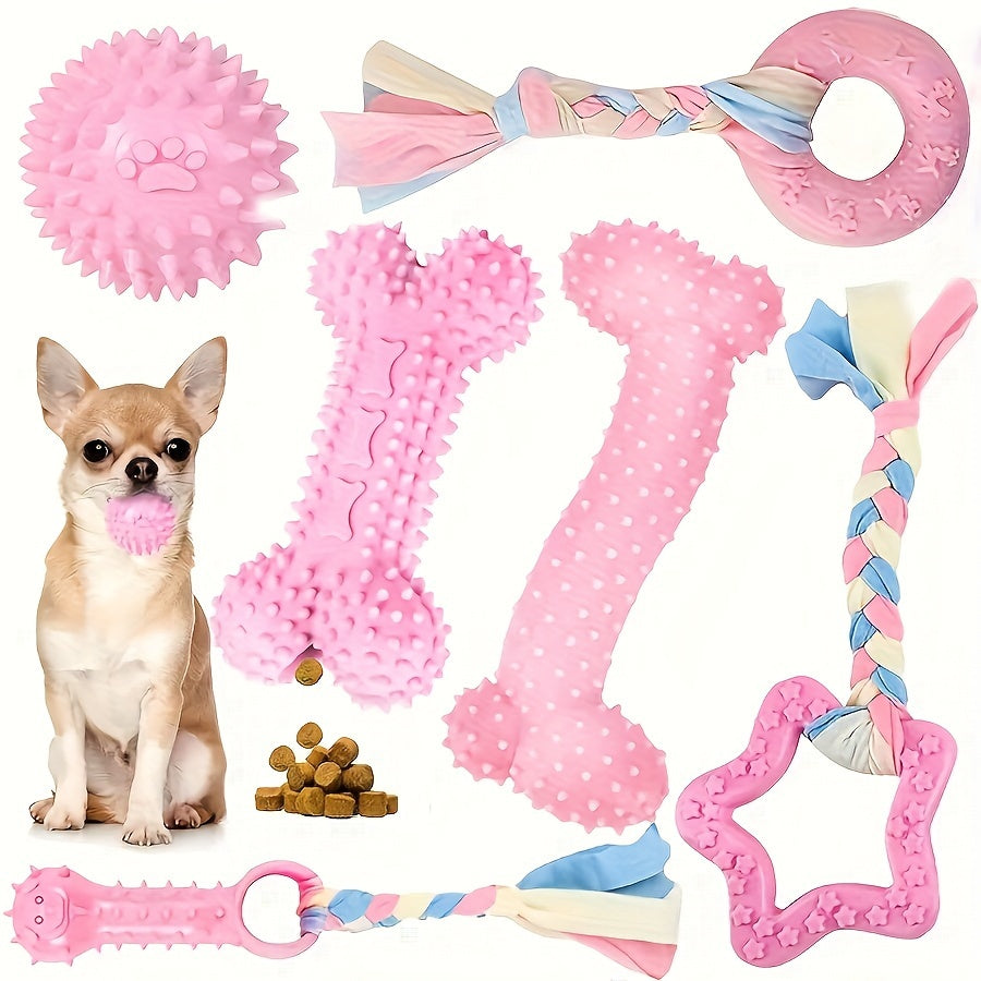 6 piece set of durable, non-toxic rubber chew toys for small dogs and puppies, perfect for teething and teeth cleaning.