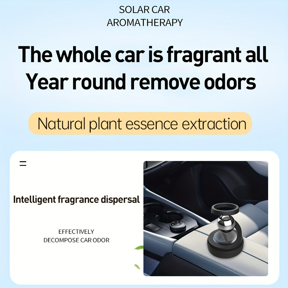 Solar-powered car aromatherapy diffuser rotates, creates long-lasting fragrance, and is compatible with various aromatherapy products.