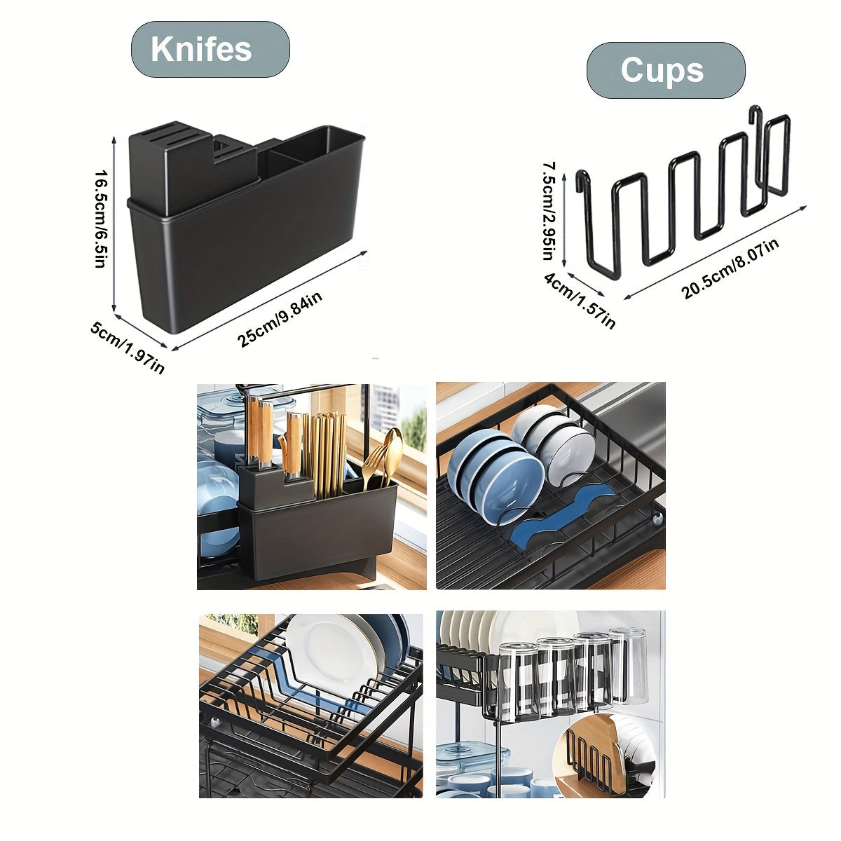 Black double-layer detachable kitchen draining rack for household use. Features water guide pipe, bowl and chopstick holder, knife and fork holder, water cup and plate storage.