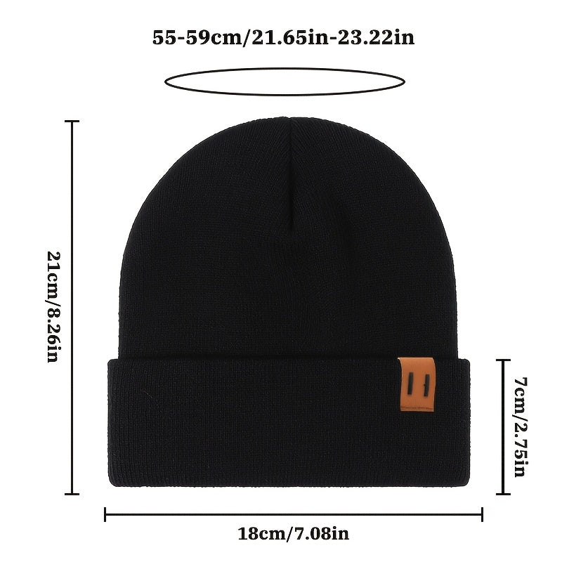 2-piece set of stylish faux leather-label knit beanie and scarf for men: warm winter hats with ear protection.