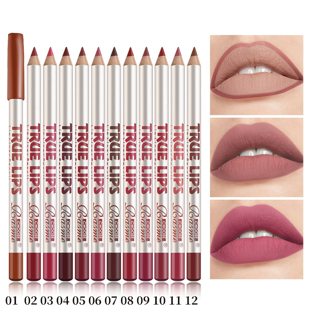 12pc Matte Lip Liner Pencil Set - Long-lasting, glide easily, in natural red tones, suitable for all skin types.