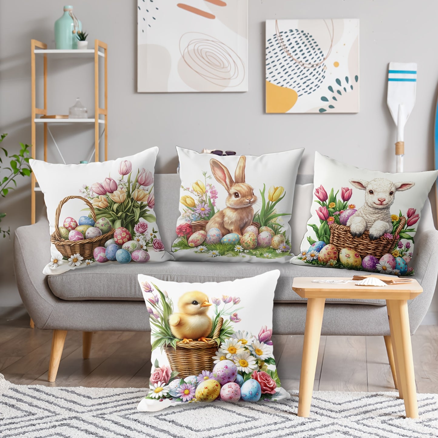 Set of 4 Easter floral throw pillow covers made of soft polyester with zip closure, hand washable. Ideal for sofa, home decor, office, and living room. No insert included. Single-sided printing.