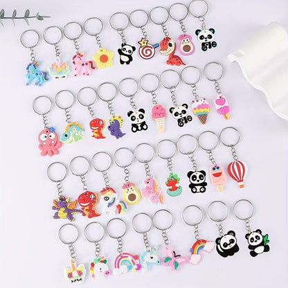 Set of 100 adorable cartoon keychains featuring panda, rainbow, and avocado charms - ideal for adding a touch of cuteness to your bags and keys. The perfect gift for women.