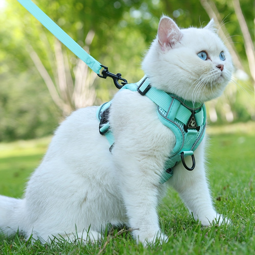 Reflective, breathable vest-style cat harness set with walking rope for outdoor walks and training.