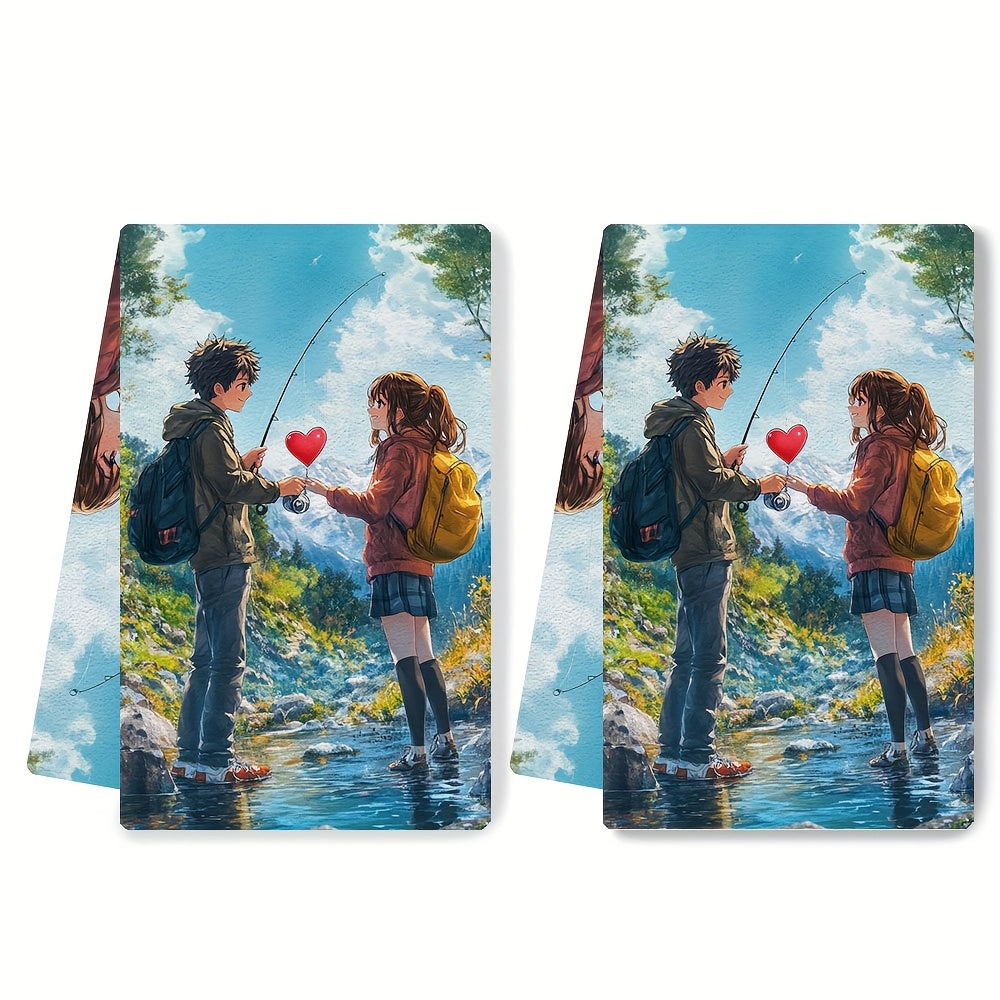 Set of 2 Kitchen Towels - Featuring an Anime Boy Giving a Heart-Shaped Fishing Lure to an Anime Girl, Ultra Soft and Highly Absorbent Dish Hand Towels perfect for Holiday Decor, Machine Washable, 16x24 Inch - Model 2KYSYS1215111