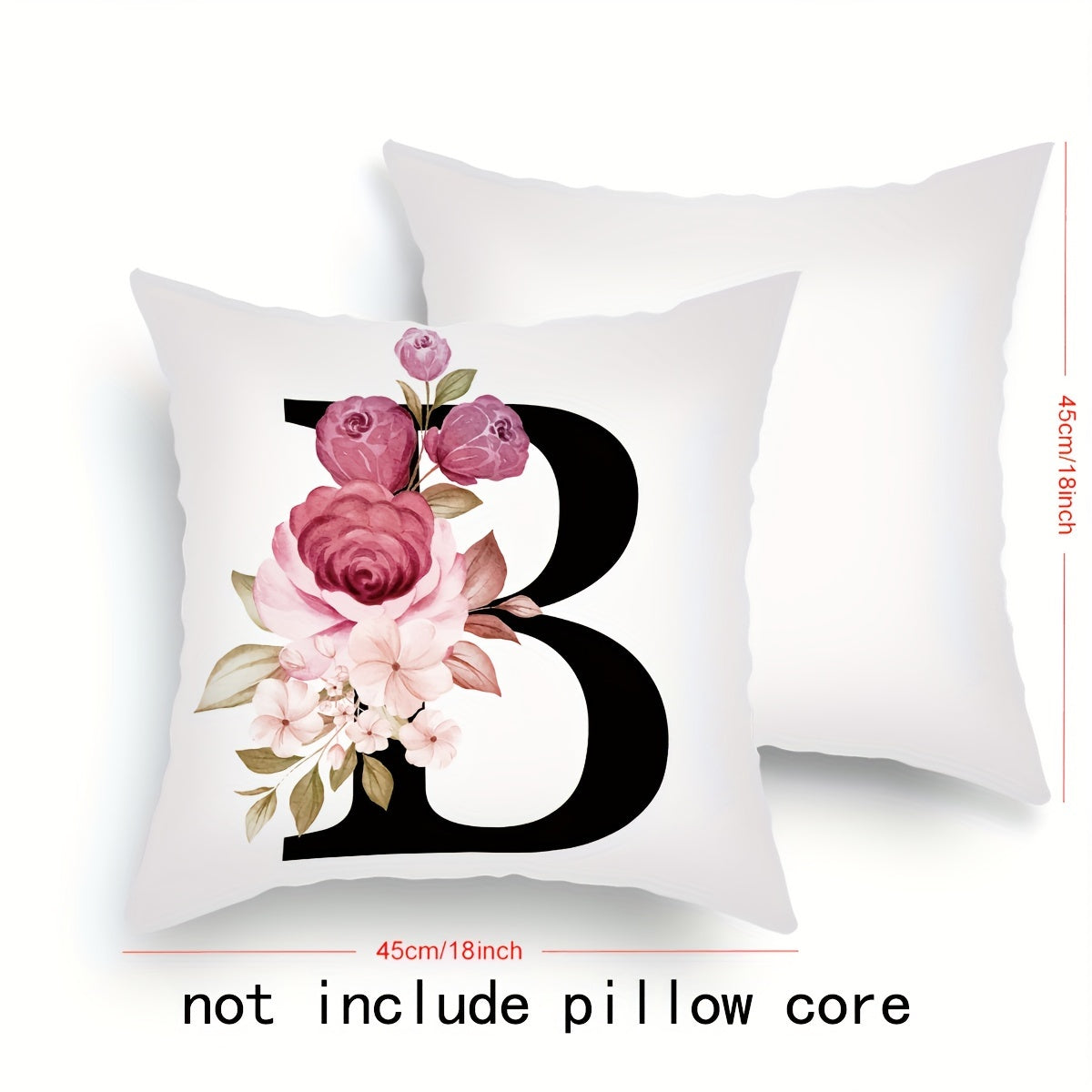 English letter flower print pillowcase for sofa cushions, 45.72cm x 45.72cm.