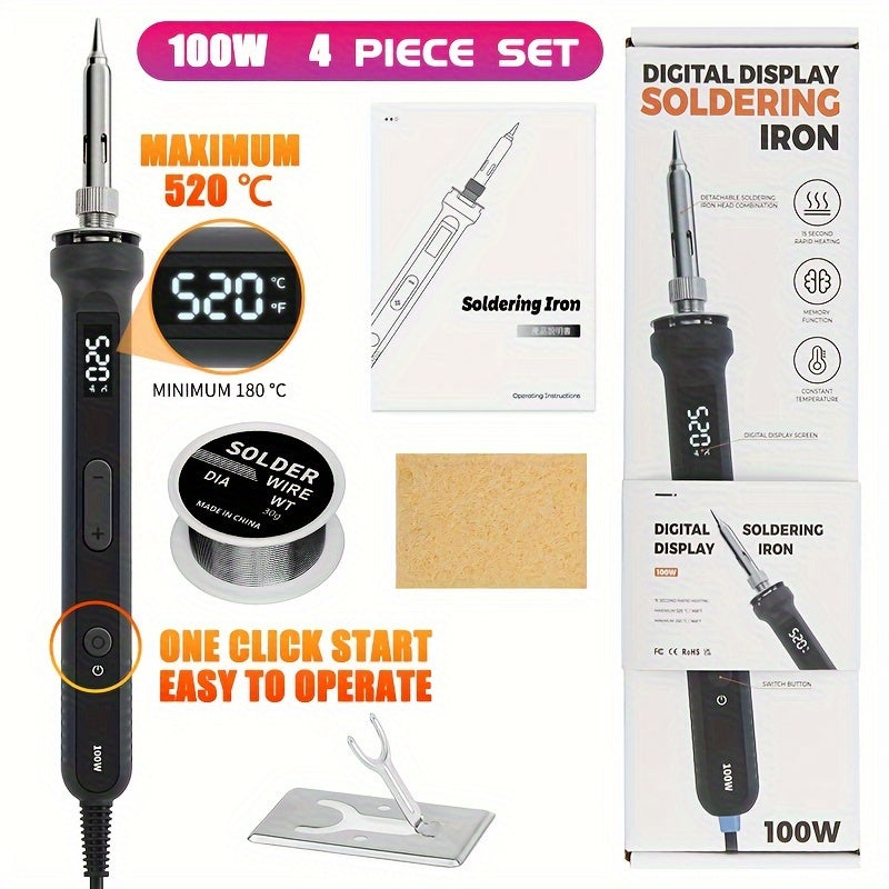 4pcs Soldering Iron Set with LCD Display, adjustable temperature 180 to 520°C, fast heating, suitable for DIY repair work. Kit includes welding wire and stand.