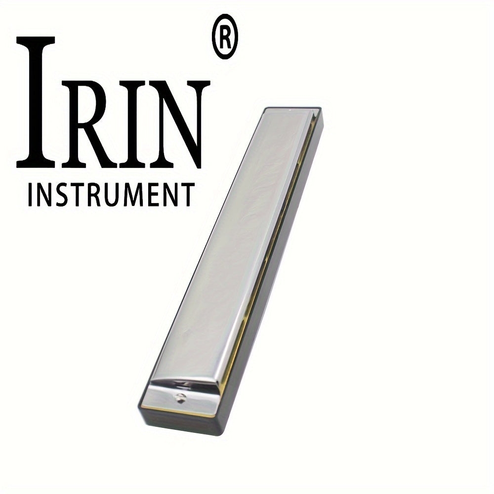 IRIN 24-hole harmonica in D/C key made of golden material, includes harmonica, case, and cloth.