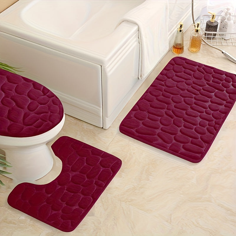 3-Piece Memory Foam Bathroom Rug Set with Pebble Embossed Design - Super Soft, Non-Slip, and Absorbent Bath Mat, U-Shaped Contour Rug - Machine Washable Polyester Material, Low Pile - Ideal for Home Decor and a Thoughtful Christmas Gift