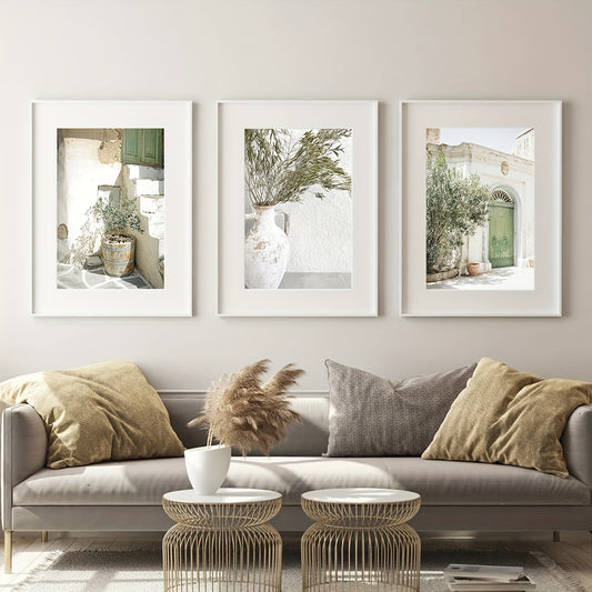 3 olive tree landscape art prints for modern rustic wall decor, featuring a spring/summer leaf pattern. Ideal for living room, bedroom, or dining area. Frameless, portrait orientation.