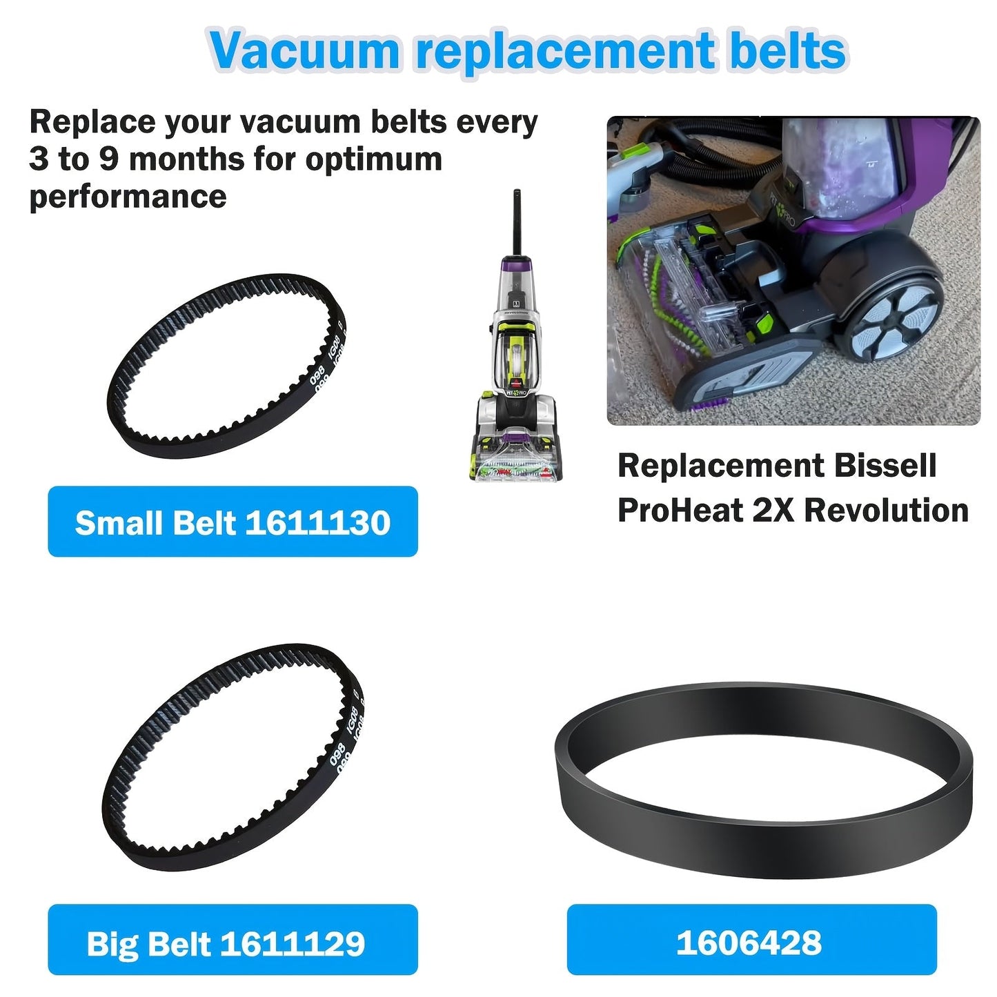 Get a 3-Pack of HOME TIMES Replacement Vacuum Belts for Bissell ProHeat 2X and Pet Pro Cleaner. These belts are compatible with the 1986, 1964, 2007, and 2007P Series. Made from durable rubber material, these belts do not require electricity to operate.