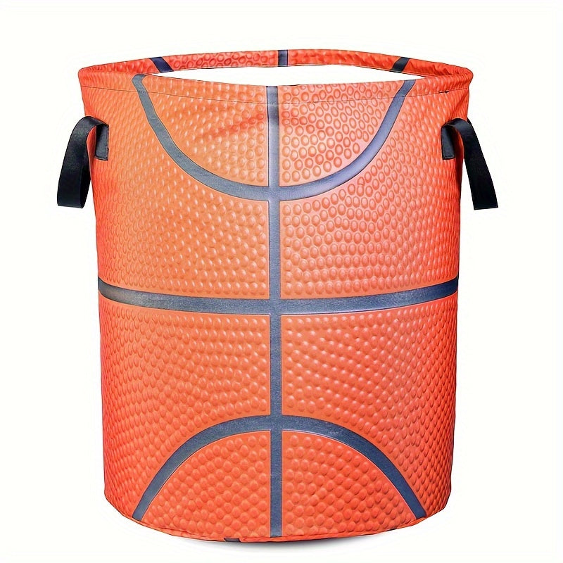 Foldable Laundry Hamper with Basketball-Inspired Design - Made of Waterproof Oxford Cloth in Orange with Black Accents, Featuring Dual Handles and a Round Shape for convenient Clothes and Toy Storage in Bathroom, Laundry Room, or Bedroom. Perfect for