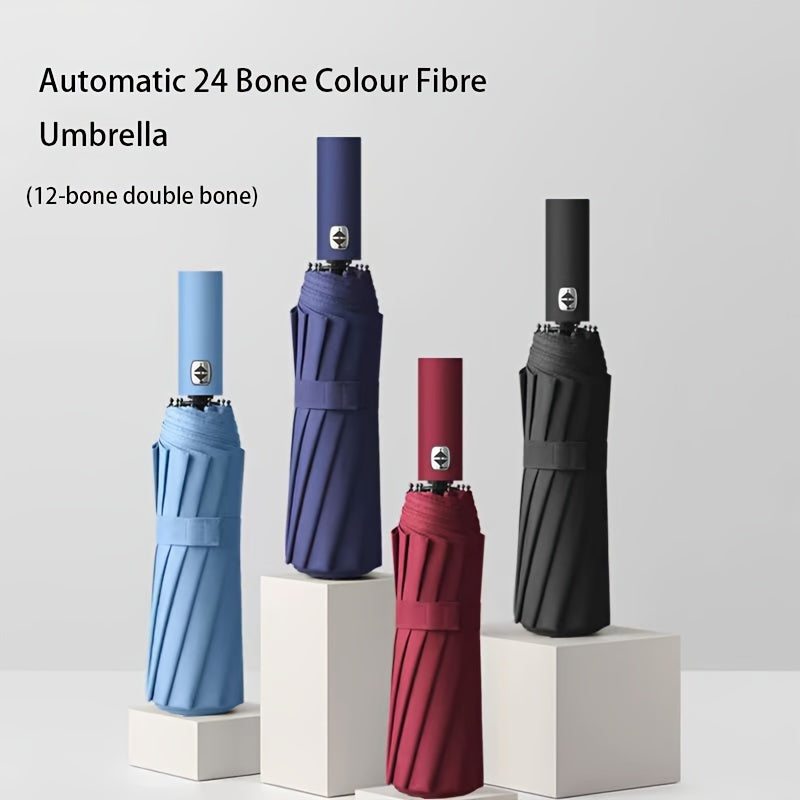 Durable, portable, unisex automatic umbrella with 24 reinforced ribs for sunny and rainy days.