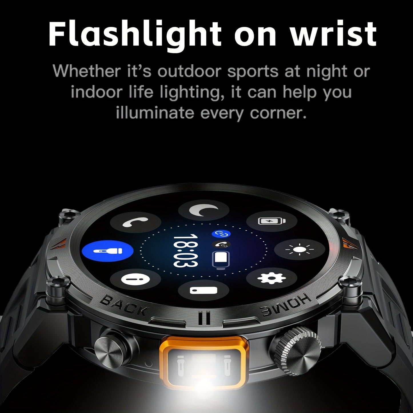 EIGIIS KE3 Men's Smartwatch offers a high-definition touch display, built-in LED flashlight, and the ability to receive calls and texts. It also includes a fitness tracker with a pedometer feature, designed for use with both iPhone and Android devices.