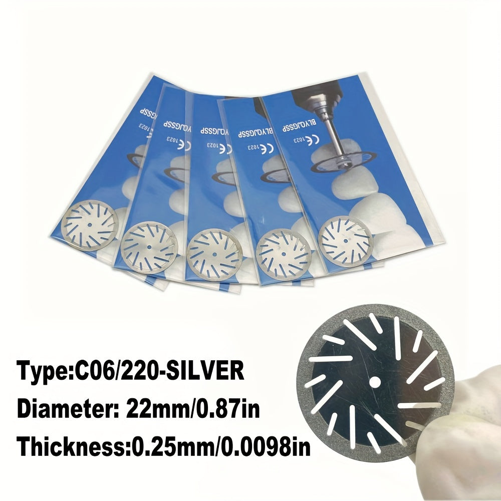 Five dual-sided diamond cutting discs for dental labs, in silver or golden, for high precision grinding and polishing.