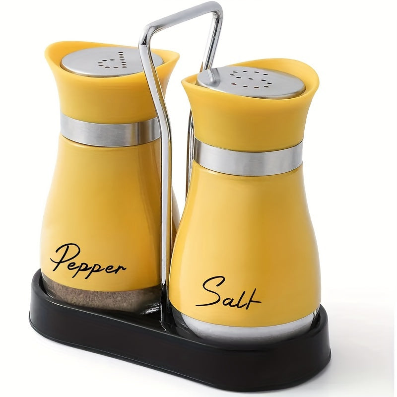 A set of salt and pepper bottle sets with 1 stand and 2 bottles. Glass bottom jars with stable stand, used for kitchen utensils, cooking tables, RVs, camping, barbecues, and seasoning.