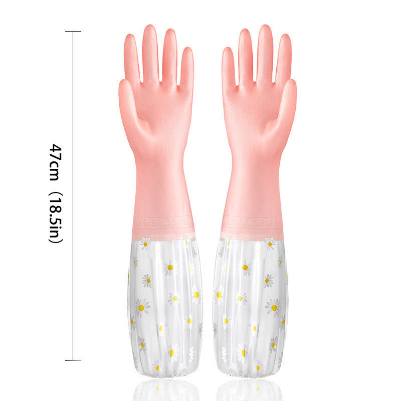 One pair of long-sleeve rubber gloves for dishwashing, reusable for kitchen, oven, and pet cleaning.