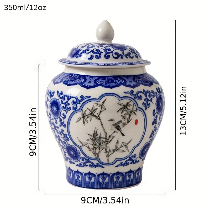 Blue and White Porcelain Tea Leaf Jar with Lid, 350ml/12oz, for storing black tea and pu'er tea.