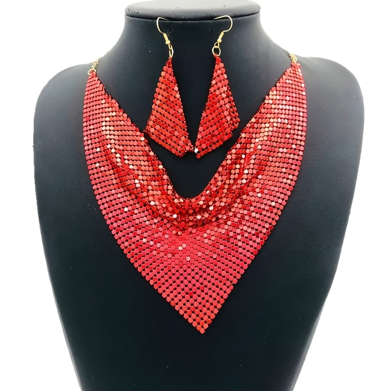 Set of stylish retro triangle scarf, shimmering silky scarf with sequins, elaborate false collar, bold leopard print statement collarbone necklace and earrings for women with a distinctive personality.