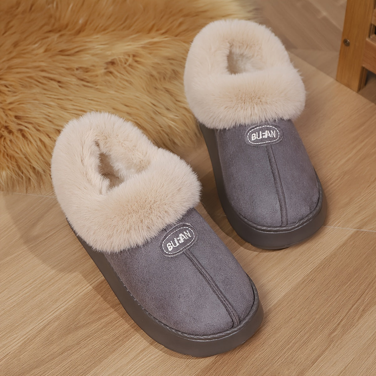 Women's preppy solid color slip on furry slippers with soft warm fleece, round toe, EVA sole, fabric upper and inner material, all-season casual wear.