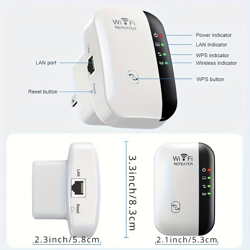 Dual-mode Wifi signal booster doubles as a router, boosting signal to 1200Mbps on 2.4 & 5Ghz bands, supporting 35 devices. Features 4 modes, one-click setup, 4 antennas for 360° coverage