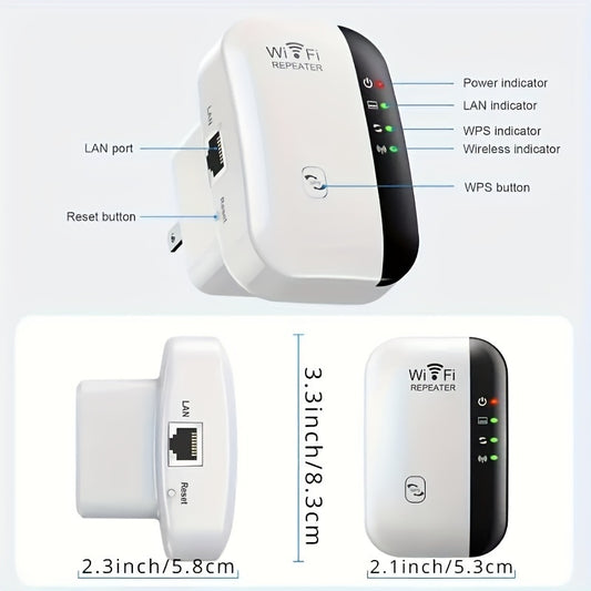 Dual-mode Wifi signal booster doubles as a router, boosting signal to 1200Mbps on 2.4 & 5Ghz bands, supporting 35 devices. Features 4 modes, one-click setup, 4 antennas for 360° coverage