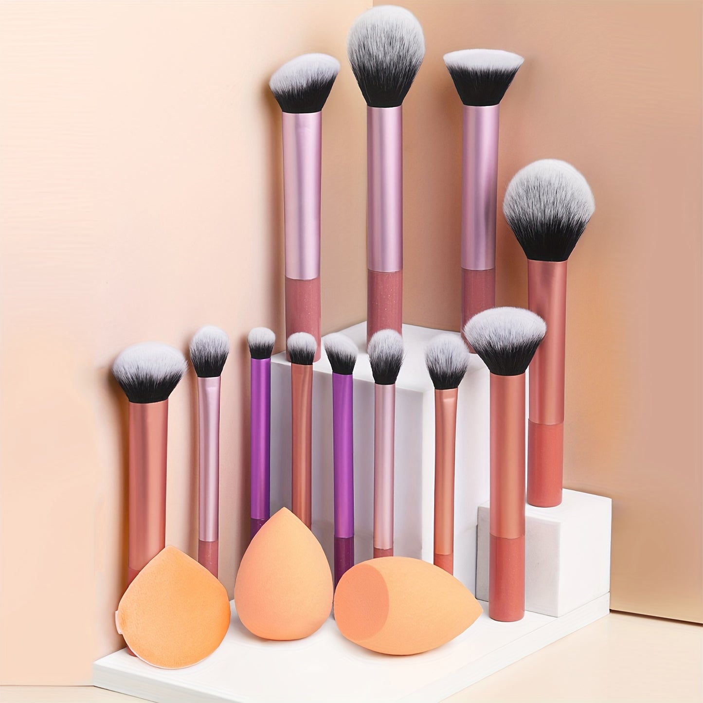 12-piece professional makeup brush set with nylon bristles, palm brushes, sponges, powder puff, ABS plastic handle, suitable for all skin types