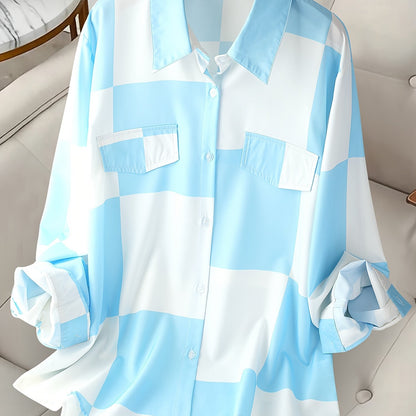 Striped Print Button Front Shirt for plus-size women, perfect for Spring & Fall.