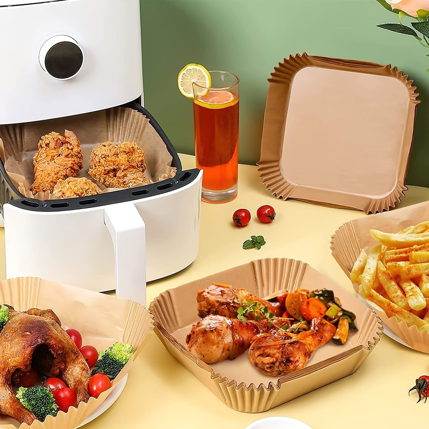 50 pieces of square non-stick air fryer liners offer easy cleanup and healthier cooking. They are oven and microwave safe, made from food-safe paper, making them ideal for both home and commercial use.