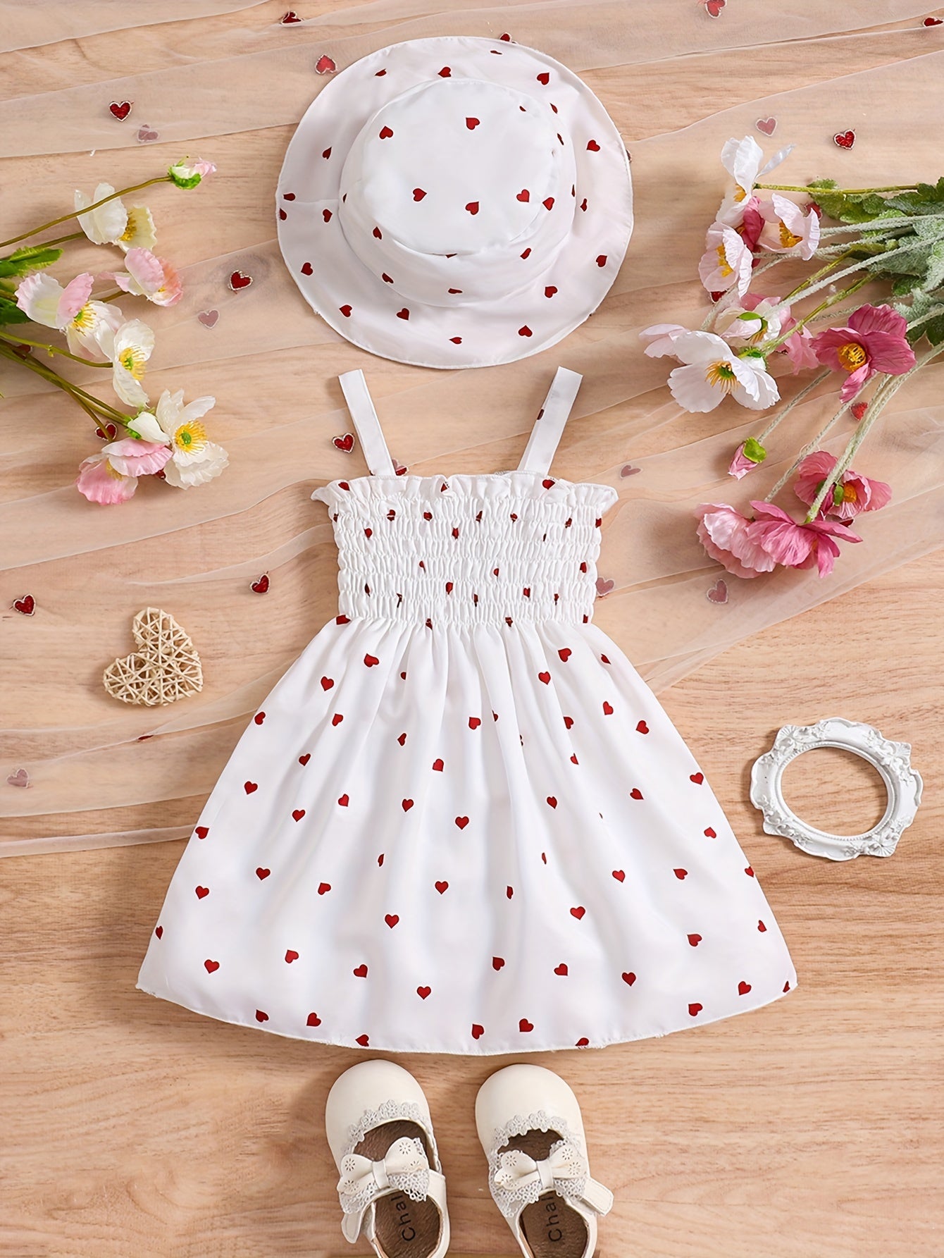 Girls' 0-3 Years Summer Love Print Dress Set with Halter Neck and Matching Hat in Two Colors