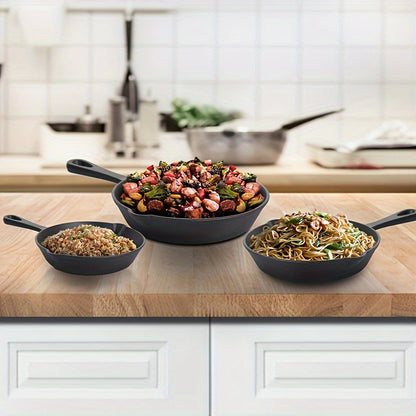 Set of 4 pre-treated cast iron frying pans with non-stick coating and handles, suitable for various cooking methods. Dishwasher safe and versatile for indoor and outdoor use, perfect for