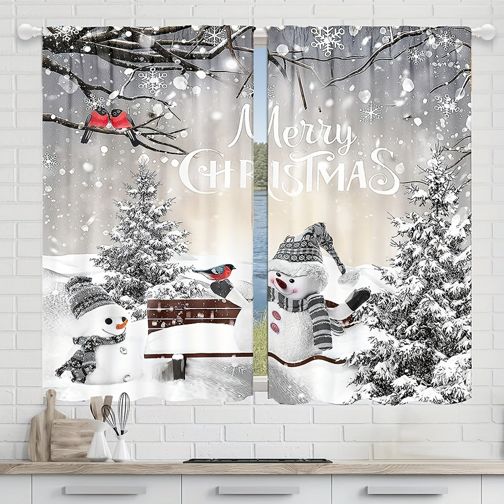 Set the festive mood with this set of two Christmas curtains featuring a snowman and pine tree design. Made of semi-sheer polyester, these curtains are easily machine washable and have a convenient rod pocket for easy hanging. Perfect for adding a touch