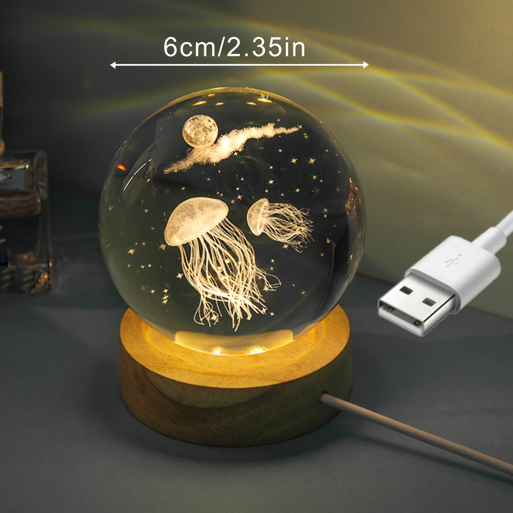 3D Dream Jellyfish Laser Engraved Crystal Ball LED Night Light - Perfect Creative Birthday Gift for Girlfriend, Classmate, or Wife.