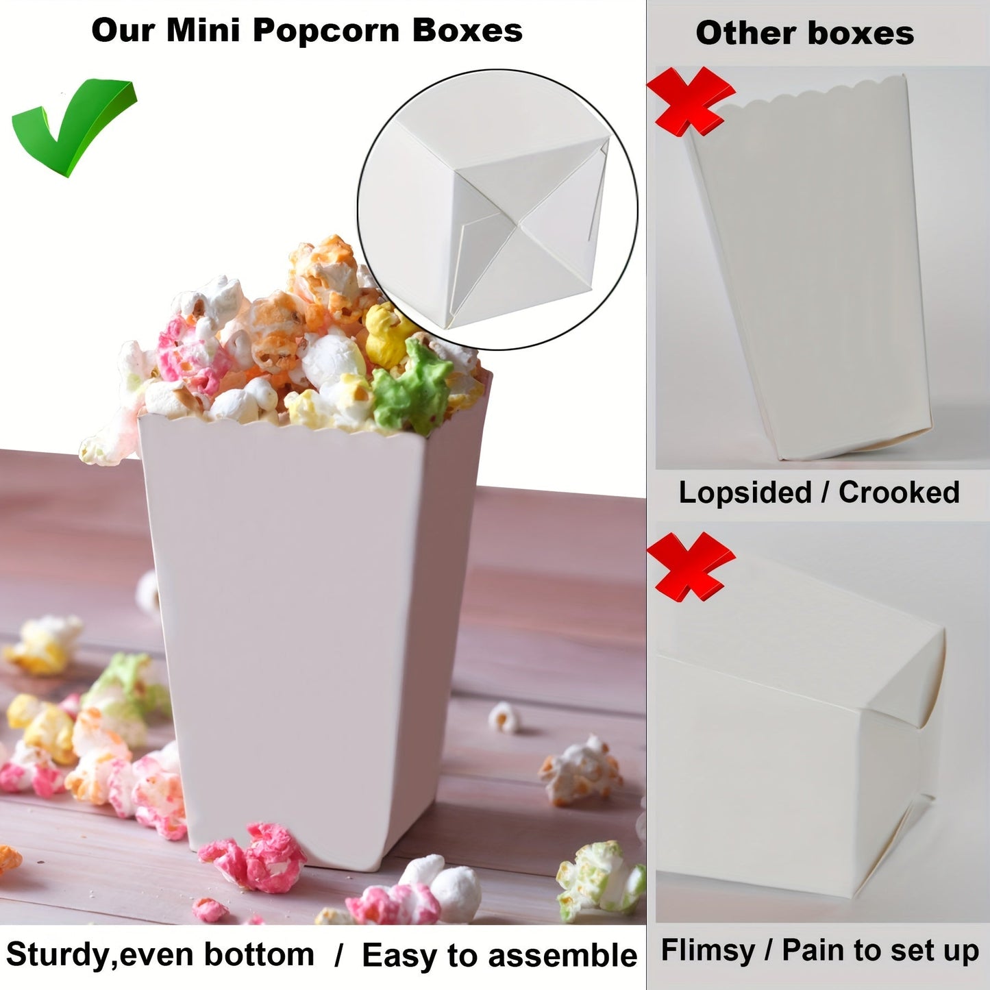 Mini white popcorn boxes in a set of 48, perfect for individual servings. These paper containers are ideal for weddings, birthday parties, or small pretzel and candy bar treats. Use them as movie theater snack boxes.