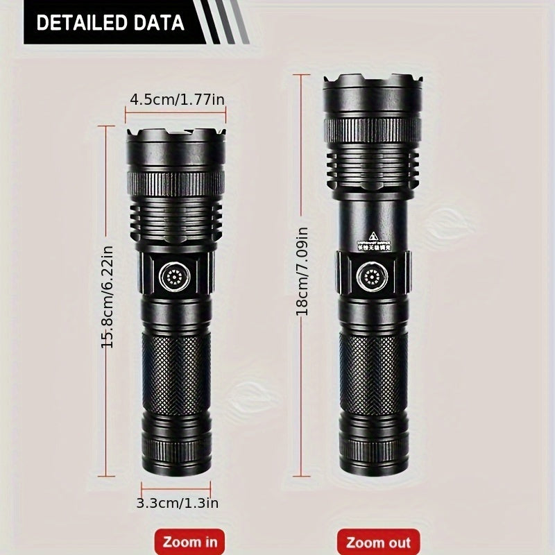 30W LED Tactical Flashlight with USB Rechargeable & Waterproof Aluminum Alloy, Long-Range Zoom, Built-in 2600mAh Battery