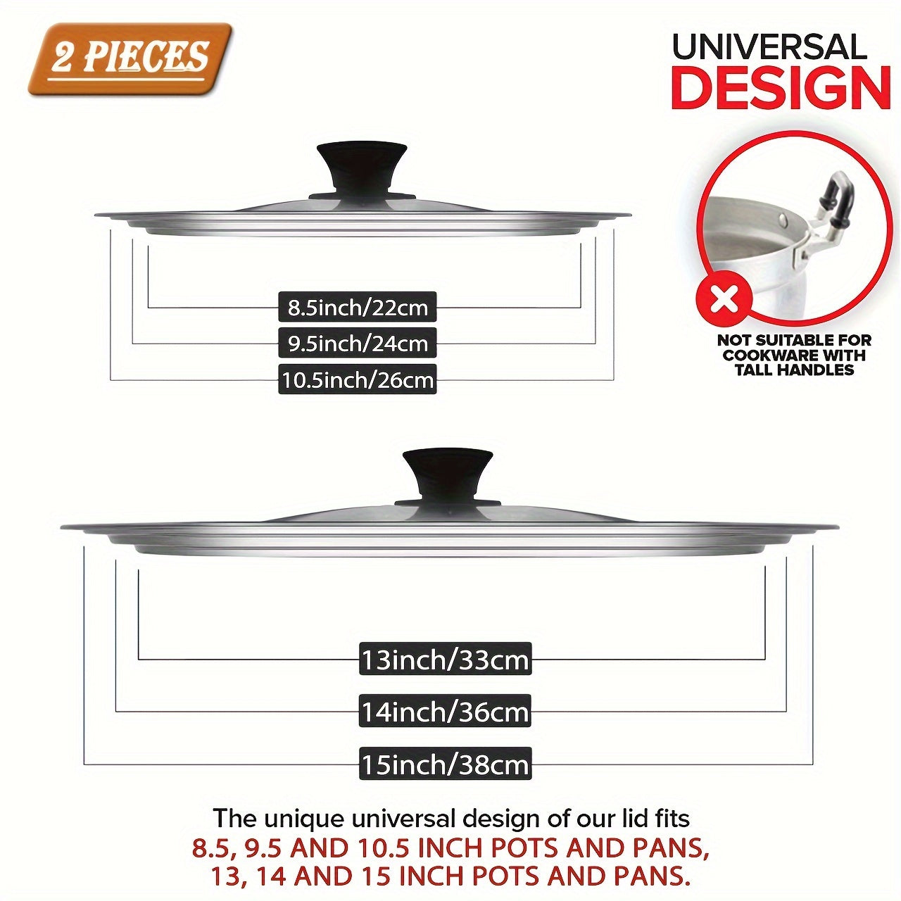 Universal Pot Lid - Fits Pots, Pans, and Skillets with Diameter from 21.59cm to 38.1cm. Made of Tempered Glass. Replacement Lid for Kitchen Supplies and Cookware Accessories. Available in 1 or 2 pieces.