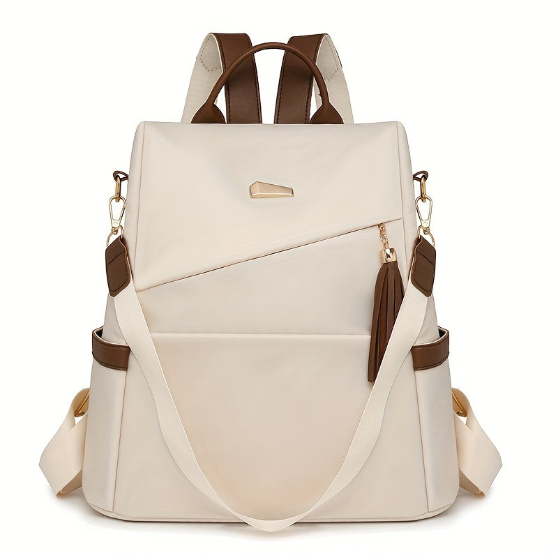 Stylish women's anti-theft backpack purse in white & brown with adjustable straps, large capacity, and golden-toned hardware, perfect for travel.