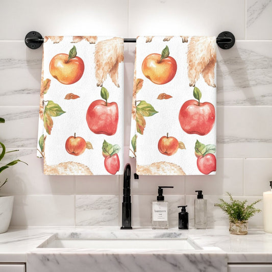 Set of 2 Alpaca Print Dish Towels: Enjoy this 2-pack of contemporary Apple and Alpaca print dish towels, made of durable polyester material. These rectangular kitchen towels feature a floral theme, adding a stylish touch to your home decor. Hand wash