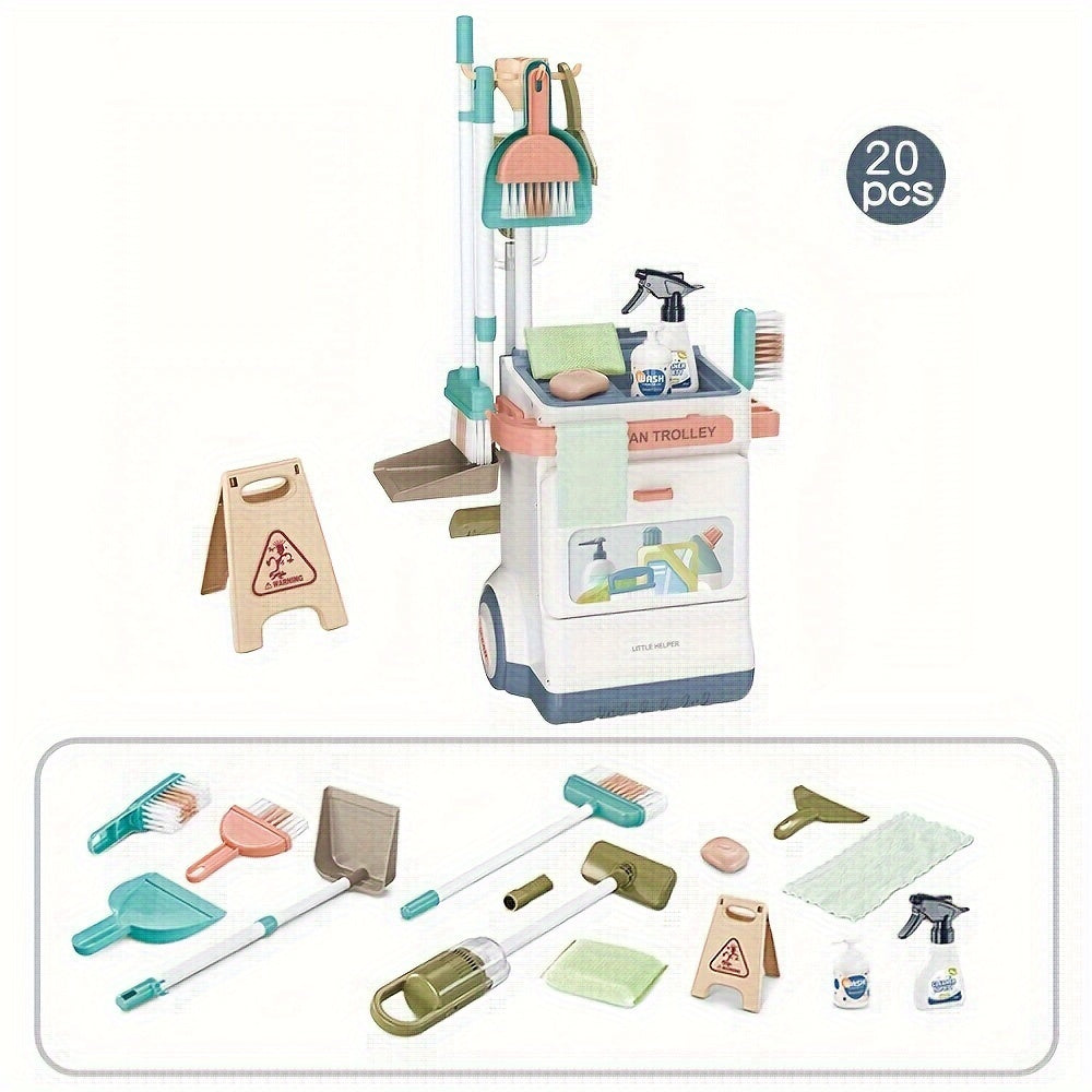 Children's cleaning play set includes vacuum cleaner and 20 piece housekeeping toy kit made of durable PP material.