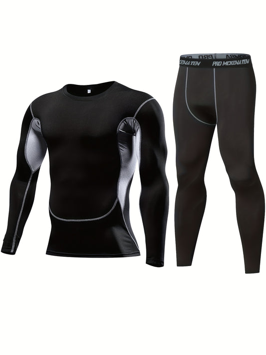 Men's tight sportswear set for gym workouts and running, featuring breathable long sleeve shirts and indoor workout pants.