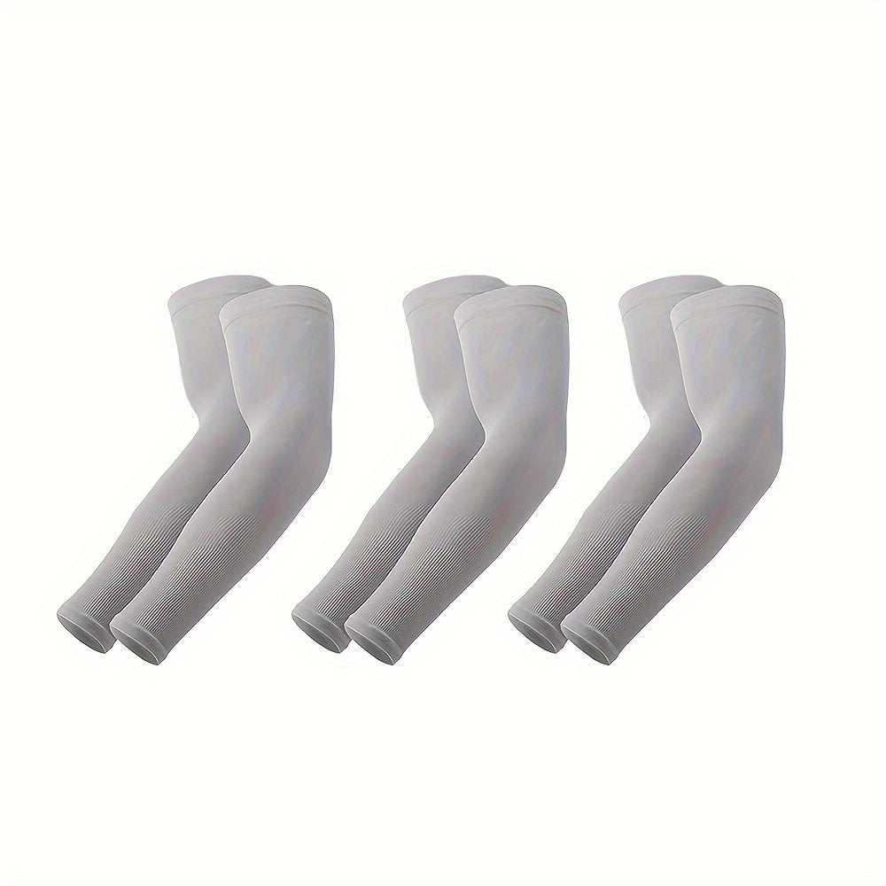 3 pairs of cooling arm sleeves made of ice fabric for sports and daily use, providing breathable, stretchable, quick-drying, and sun protection for summer activities and cycling.