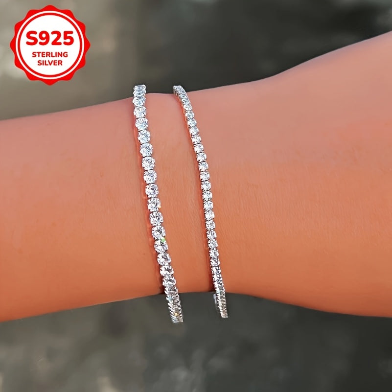 Stylish 925 Sterling Silver Tennis Chain Bracelet featuring Synthetic Cubic Zirconia, Adjustable 2MM/3MM, Hypoallergenic, Sparkling Iced Out Design, Perfect for Daily Wear and Gifting, Ideal Valentine's Day Jewelry for Women.