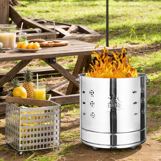 A portable stainless steel camping stove set, designed to be windproof and suitable for indoor and outdoor heating. This wood burner is perfect for use as a wood stove and is easily transportable.