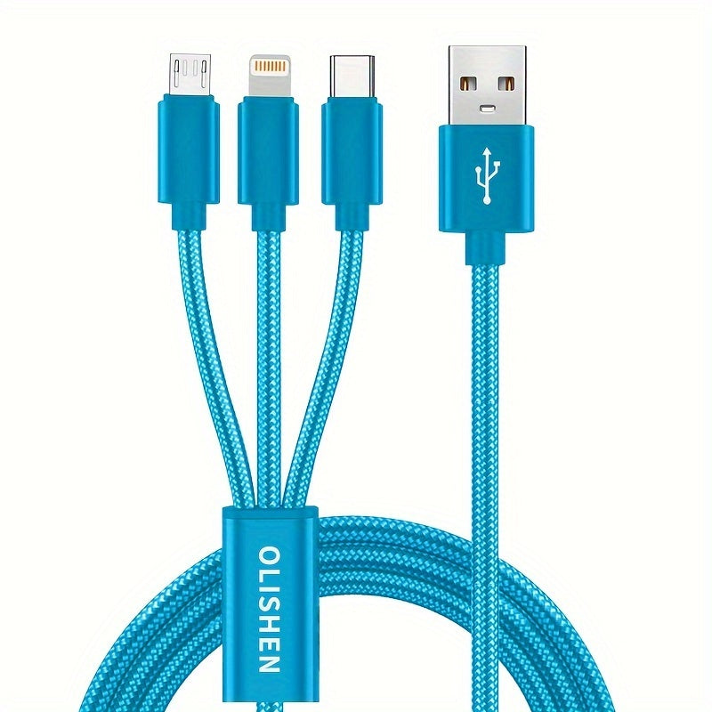 OLISHEN 3-in-1 Nylon Braided USB Charging Cable with multiple lengths (100.58cm/201.17cm/3.02meter) and fast charging capabilities for iPhone, Samsung, Xiaomi, and other devices. Can be