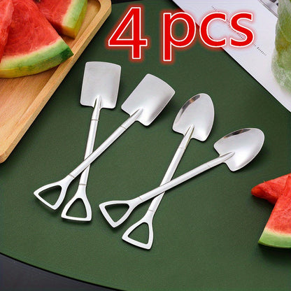 Set of 4 adorable stainless steel shovel spoons for dessert and fruit scooping in the home.