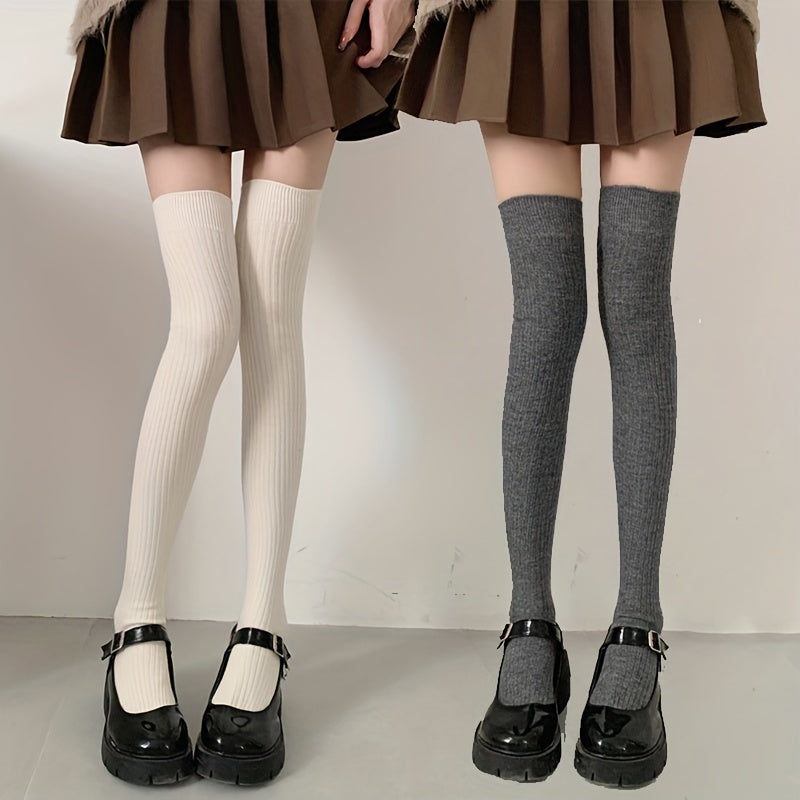 Autumn/Winter Long Stockings for Women in Japanese High Vertical Stripes, Black, Thickened for Warmth. Available in 1, 2, or 3 Pairs.