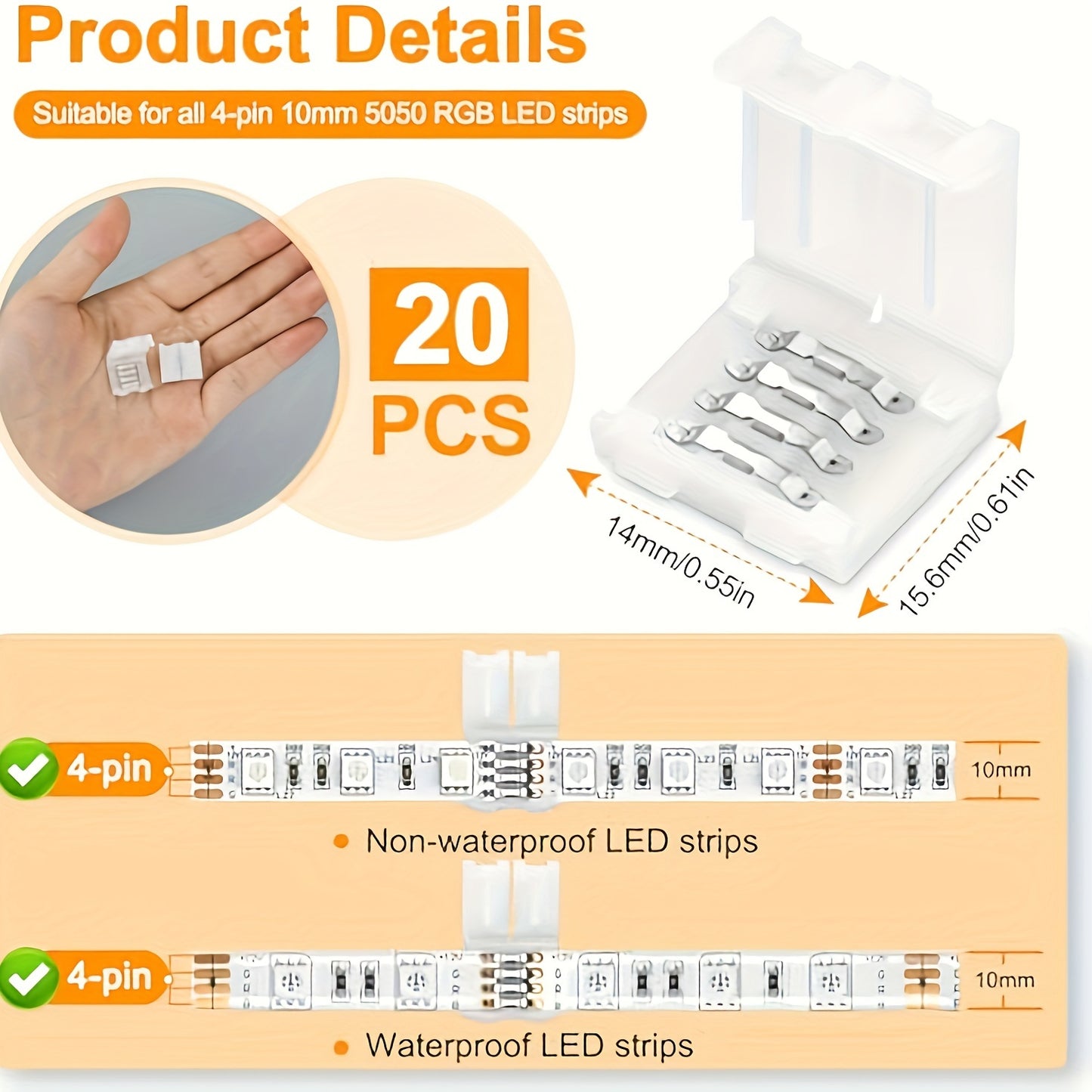 20 4-pin LED strip connectors for easy, solderless connection and disconnection of 10mm wide SMD 5050 RGB light strips. Adjustable with no power connection required. Ideal for strip lights.