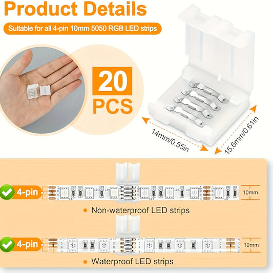 20 4-pin LED strip connectors for easy, solderless connection and disconnection of 10mm wide SMD 5050 RGB light strips. Adjustable with no power connection required. Ideal for strip lights.